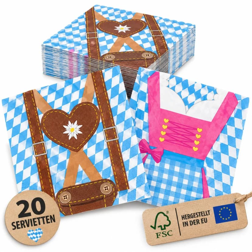 20 Servietten Oktoberfest Bayern 3-lagig FSC Dirndl & Lederhosen Partydeko