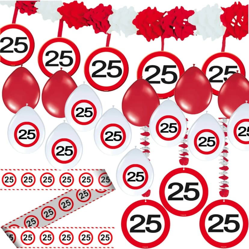 25. GEBURTSTAG DEKO SET - 24 TEILE - Verkehrsschild Party Set Dekoration Ballons