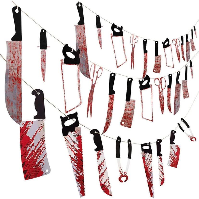 GIRLANDE BLUTIGE WERKZEUG Deko Halloween Grusel Blut Horror Folter Party - 1,8m