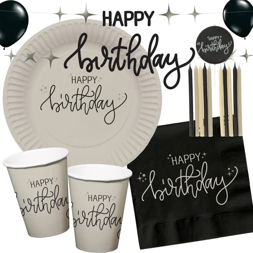 CREME SCHWARZ - Geschirr Deko Happy Birthday Tischdeko Kinder Geburtstag Party