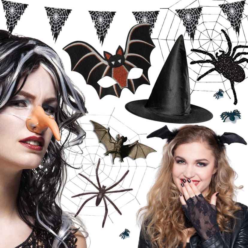 HEXE + FLEDERMAUS + SPINNE - Verkleidung Kostüme Accessoires Party Karneval Deko