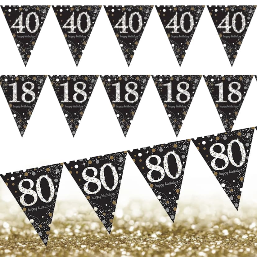 GLITZER WIMPELKETTE in GOLD SILBER SCHWARZ - Geburtstag Jubiläum Party Deko Zahl