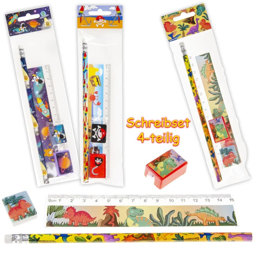 SCHREIBSET Bleistift Radiergummi Lineal Mitgebsel Kindergeburtstag Schule Kinder