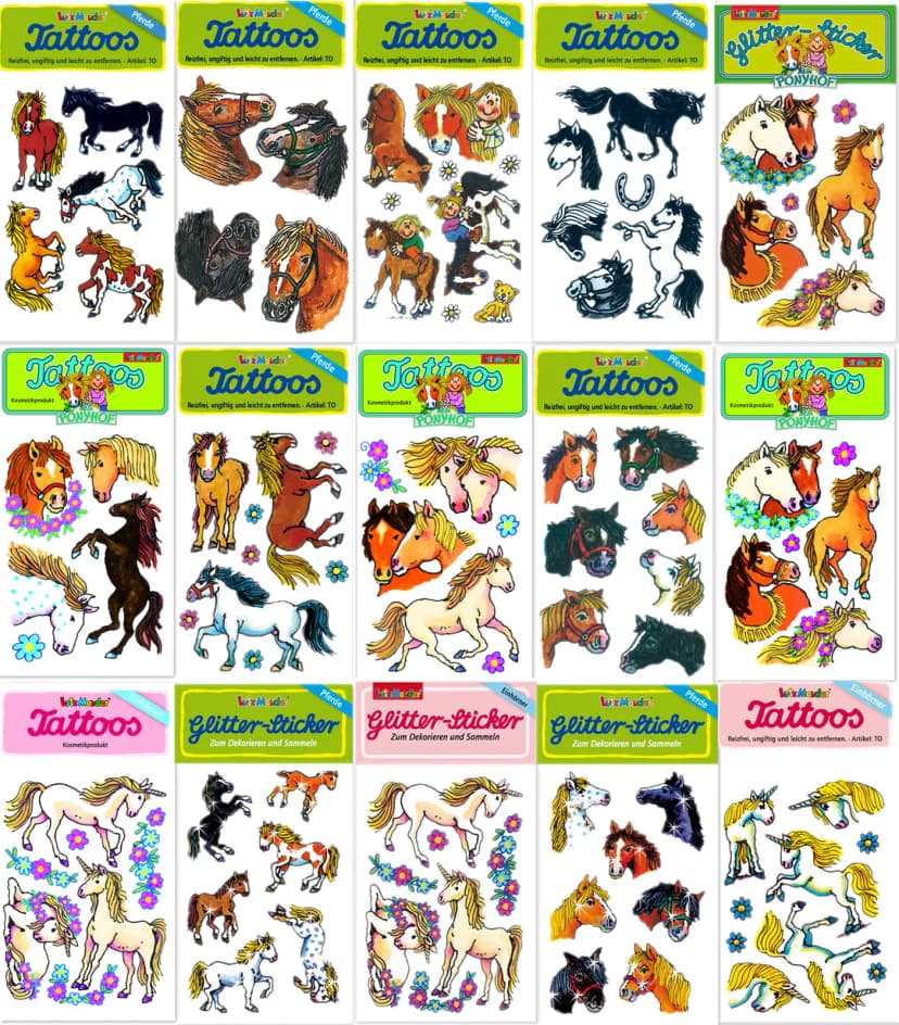 PFERDE + EINHÖRNER - Tattoo Kinder Sticker Geburtstag Mitgebsel Deko Lutz Mauder