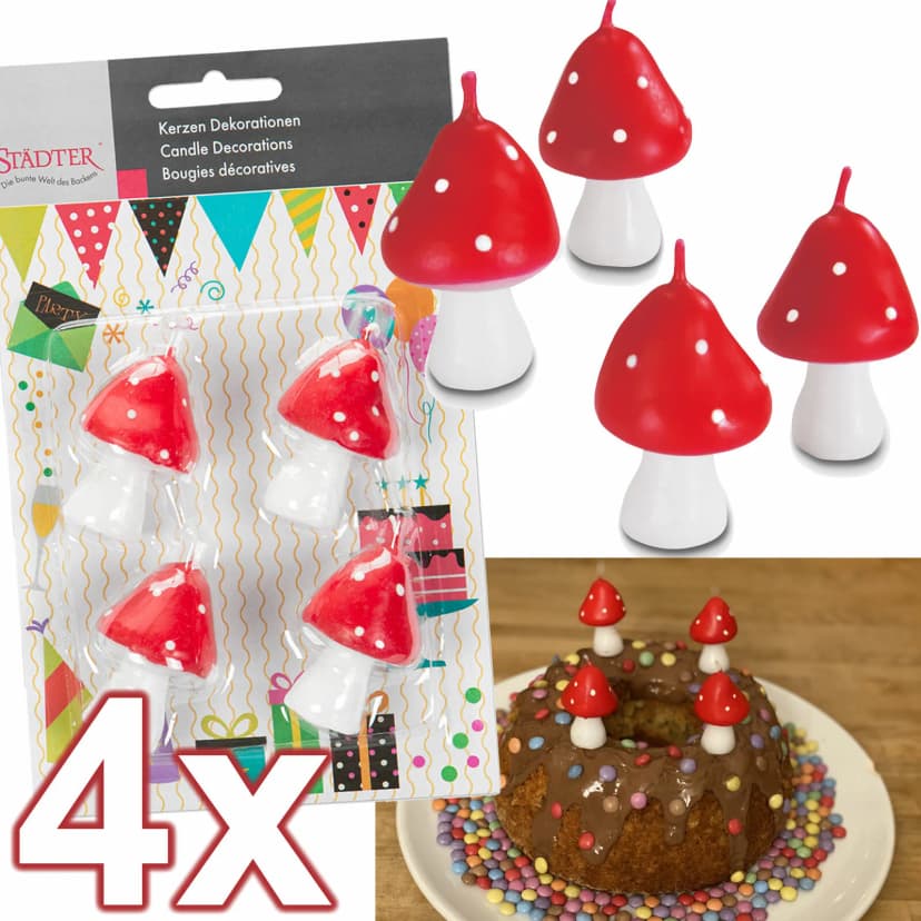 4 FLIEGENPILZ KERZEN - Glückspilz Kerze Deko Geburtstag Fliegenpilze Märchen Set