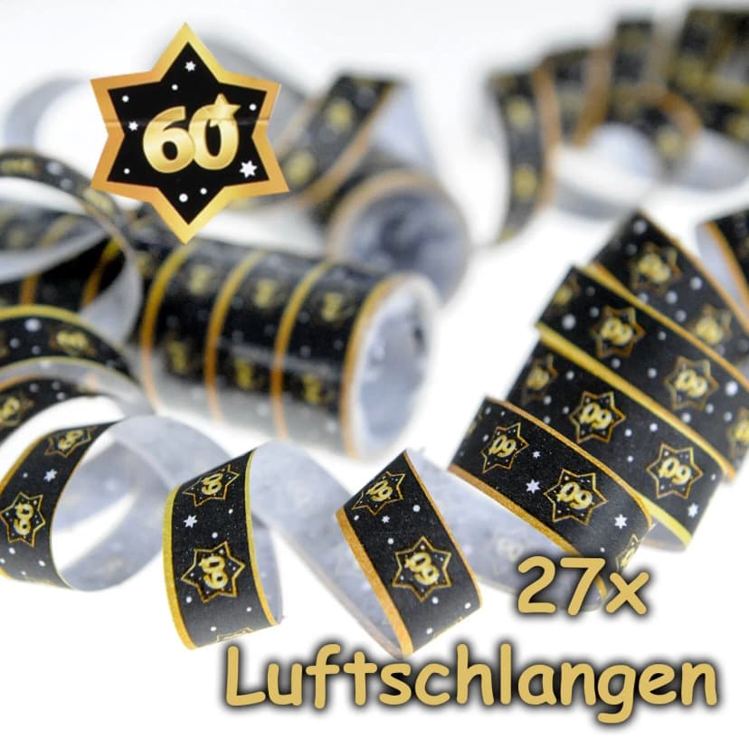 27 LUFTSCHLANGEN - 60 GEBURTSTAG - Party Deko Tischdeko Schwarz Gold Streamer