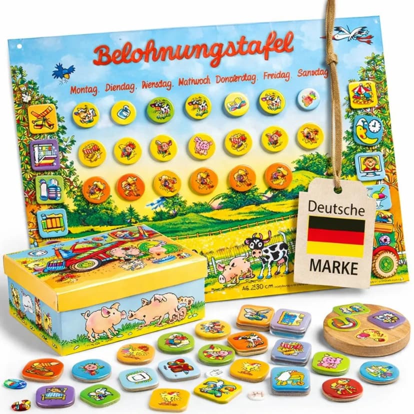 Belohnungstafel BAUERNHOF für Kinder, 73 Teile, 42x30cm + Aufgaben & Belohnungen