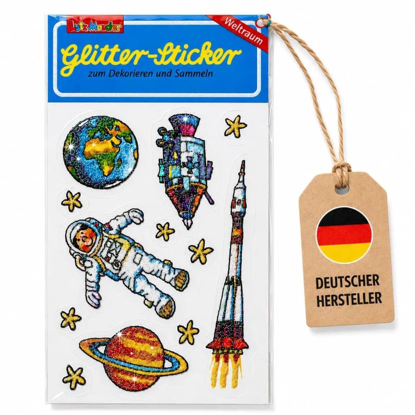 Weltraum Glitzer-Sticker 12 Aufkleber ablösbar 5,6x10,5cm Mitgebsel Lutz Mauder