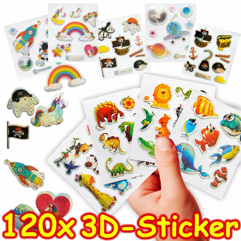 120 KINDER STICKER + 3D-Effekt - Aufkleber Mitgebsel Kindergeburtstag Basteln