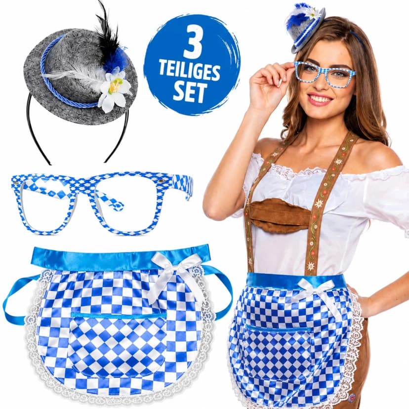 Oktoberfest Accessoires Damen 3er Set Schürze Brille Minihut Haarreif Party