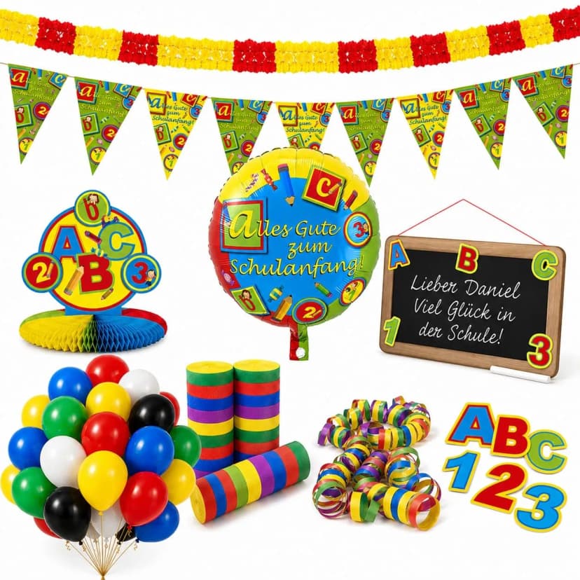 Einschulung Deko Set 72 Teile Türschild Wimpelkette Girlande Konfetti Luftballon