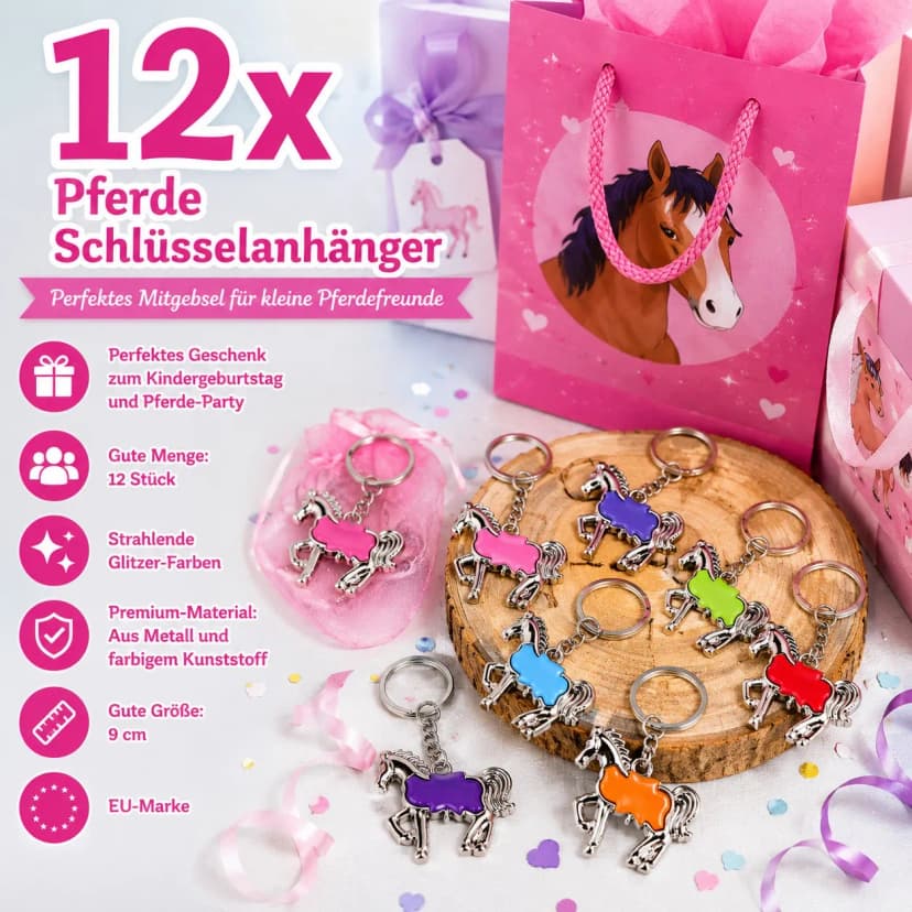 12 Pferde Schlüsselanhänger Metall Kindergeburtstag Mitgebsel Ponys Mädchen Set