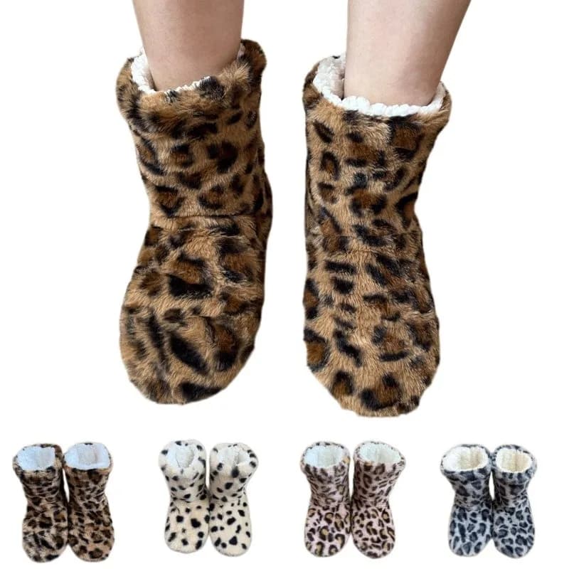 Damen Hausschuhe Kuschelsocken Stopper Stiefel warm Winter Boots Leopardenmuster