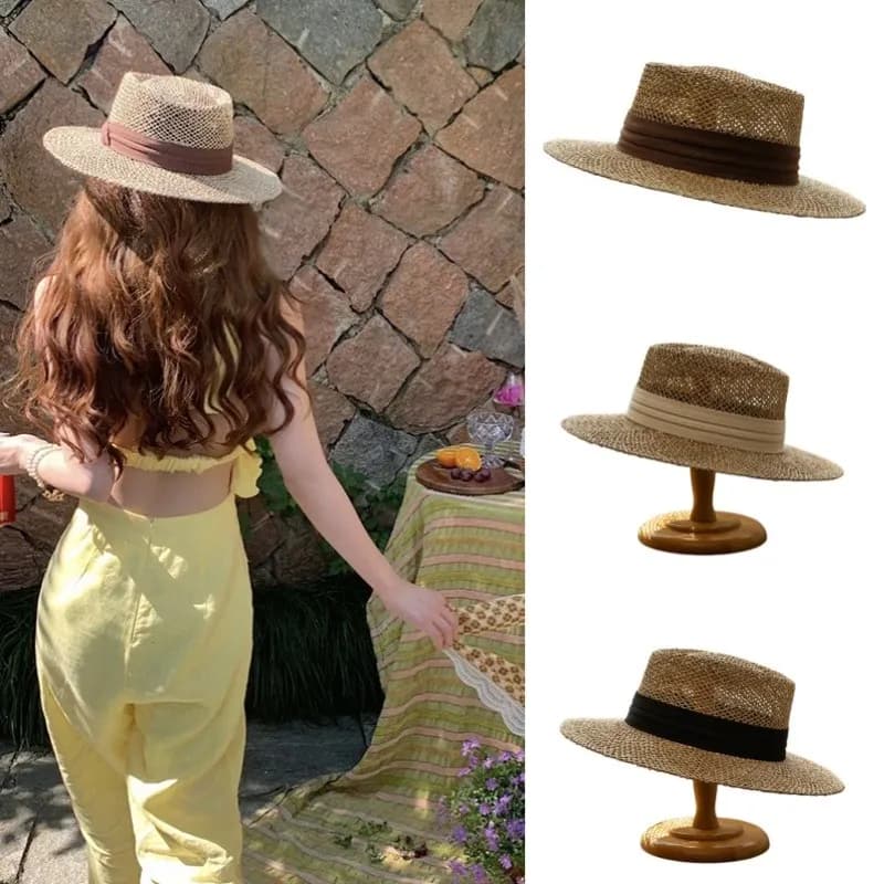 Strohhut aus Salzgras Flache Krempe Französischer Stil Natürlich&Urlaub 55-58cm