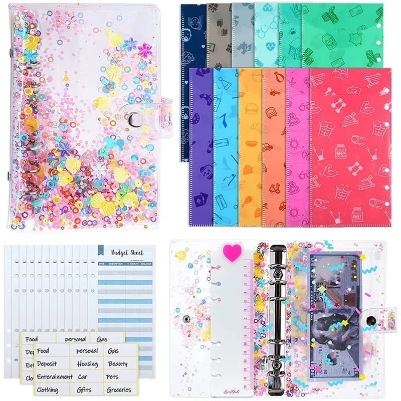 A6 Budget Binder Planer Geldumschläge Notebook Binder Taschen Glitzer Pailletten