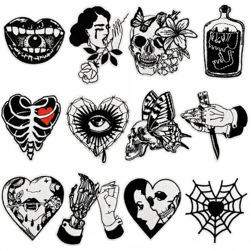 12er Applikationen Patches Bügelbild Aufnäher Stickerei Aufbügler Punk Halloween