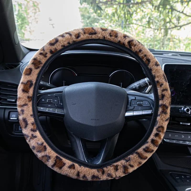 Lenkradbezug aus Plüsch mit Leopardenmuster für 38cm Passform Farbauswahl Winter