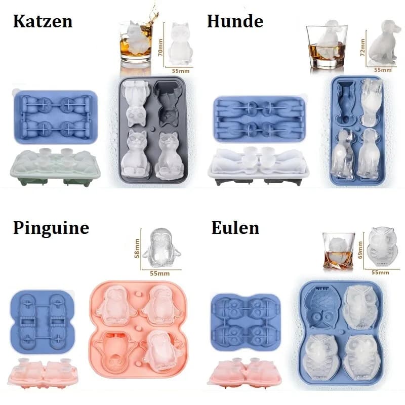 3D Tier Eiswürfelform Silikon Eiswürfelbereiter Katzen Hunde Pinguine Eule Neu