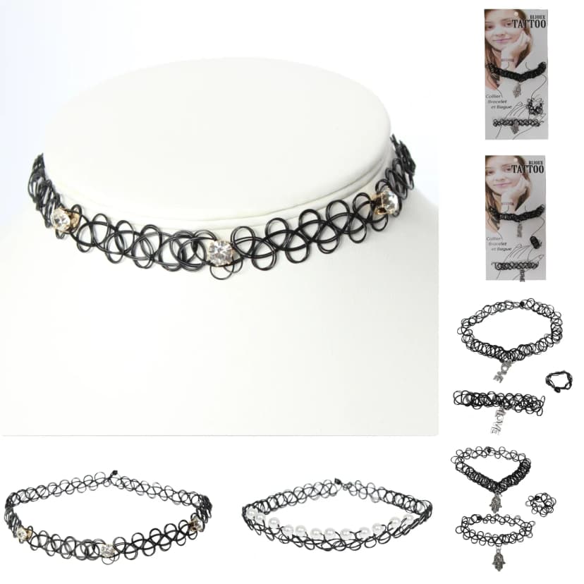 Tattoo Halsband Armband 3er Set Ring Strass Perlen Hand Love Gothic Choker