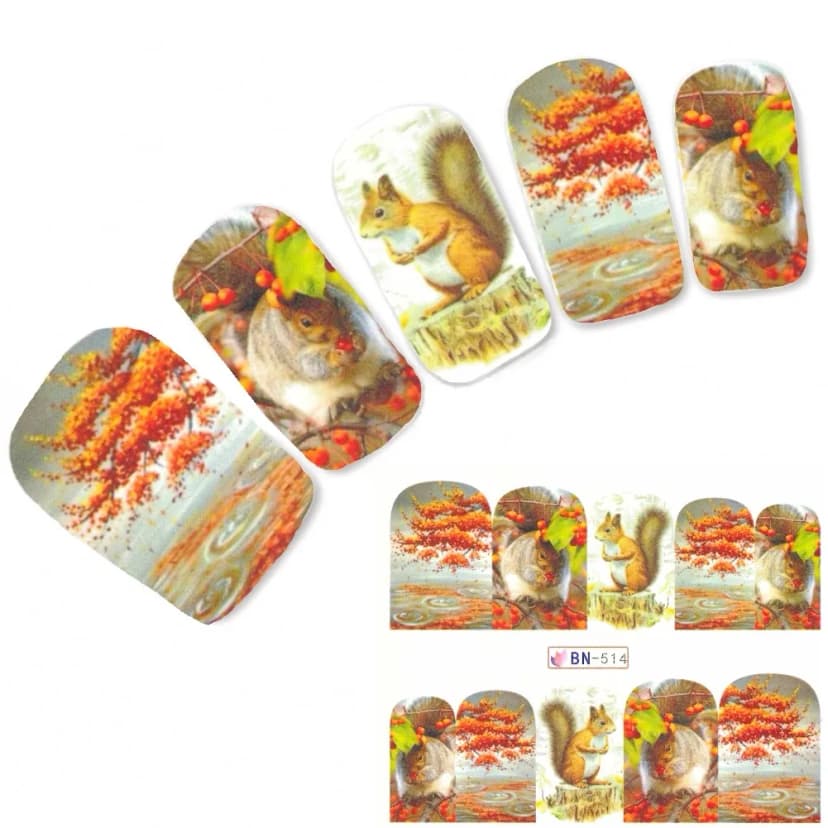 Tattoo Nail Herbst Eichhörnchen Bunte Blätter Aufkleber Nagel Sticker Nägel