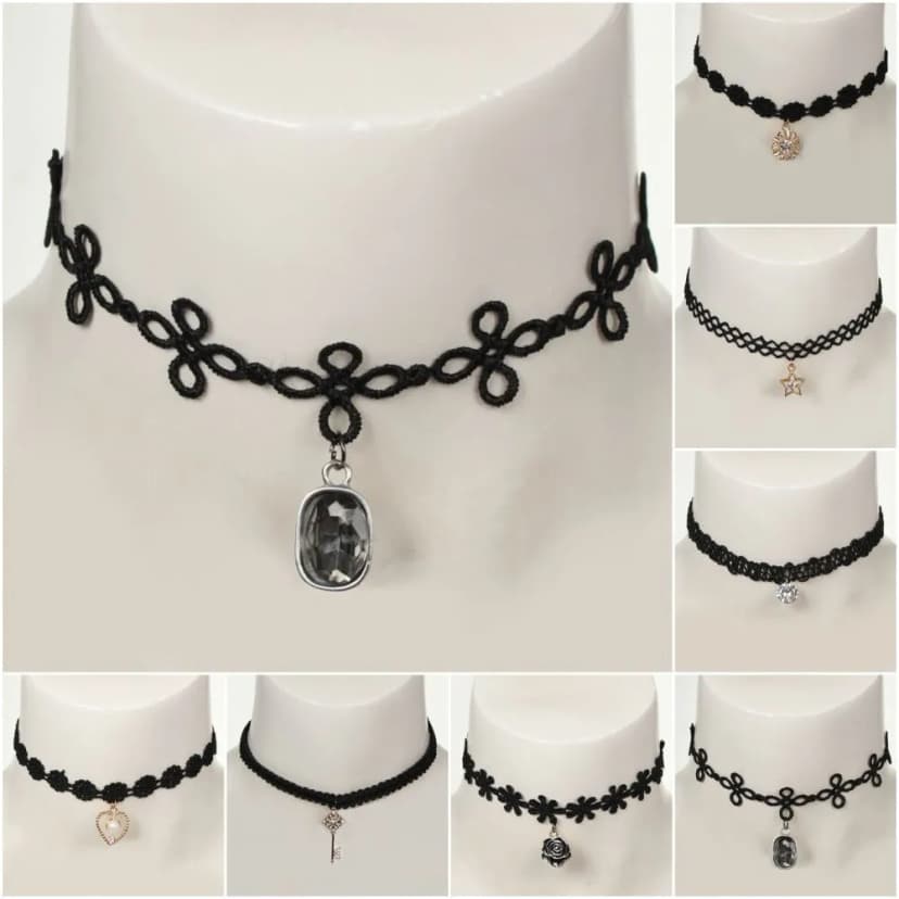 Gothic Samthalsband Strass Perlen Herz Stern Choker Kette Spitze Barock