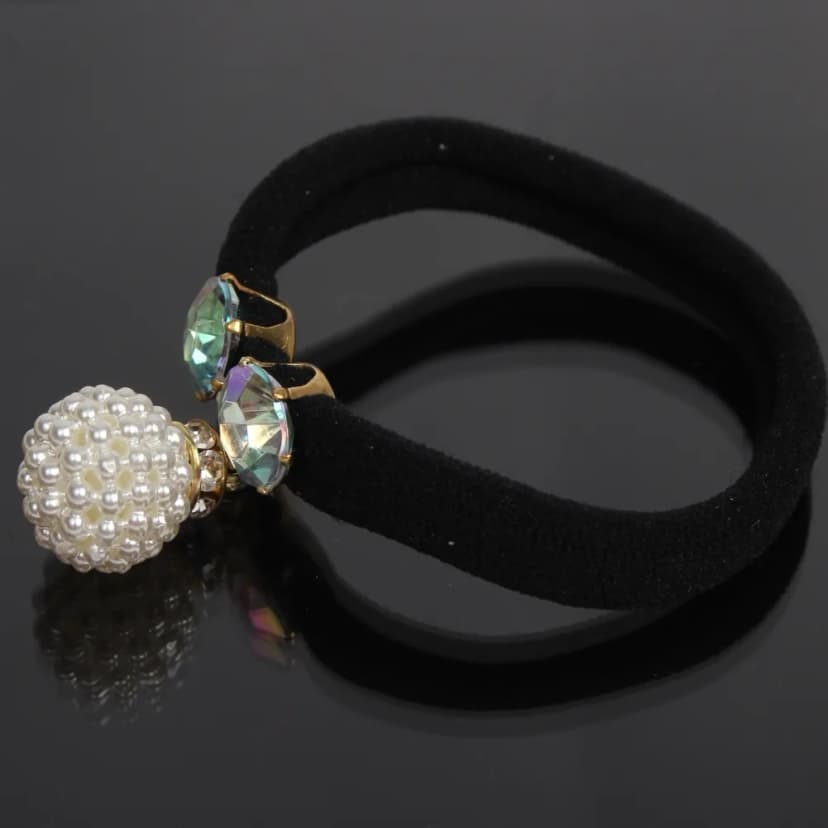 Nylon Haargummi Elastisch Haarband Zopfband schwarz Perlen Strass NEU