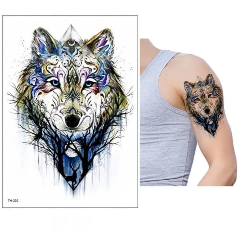 Temporäres Tattoo Wolf Wald Bunt Design Klebetattoo