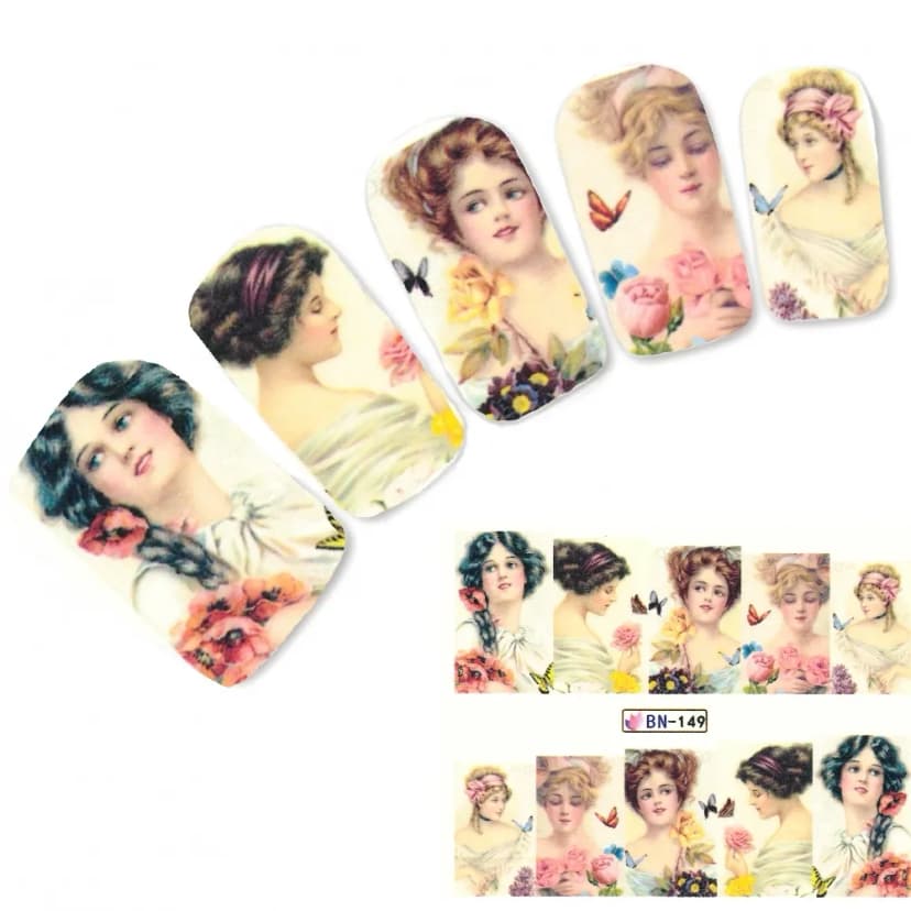 Tattoo Nail Art Dame mit Blumen Barock Aufkleber Nagel Sticker