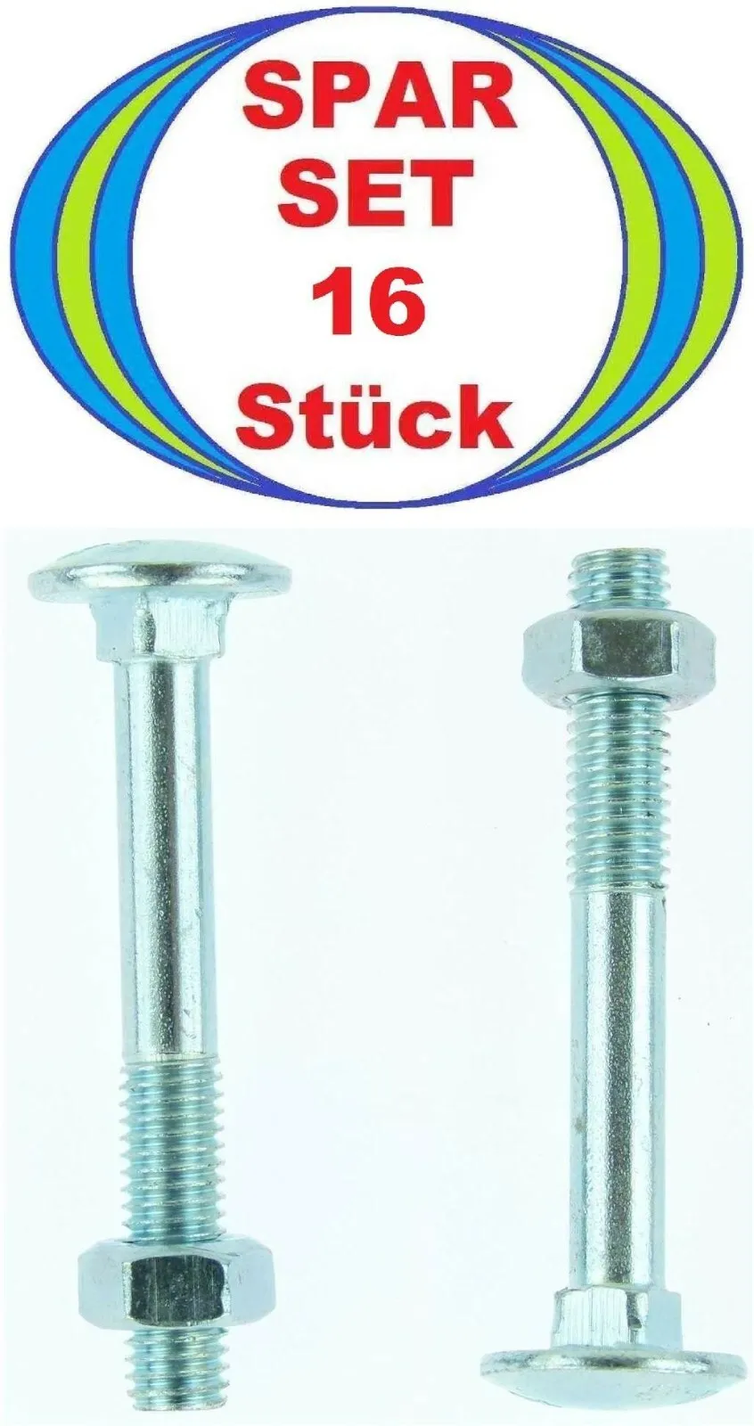 16 Stück M8 x 60 Schlossschrauben mit Mutter, 8x60 Flachrundschrauben DIN 603 Mu