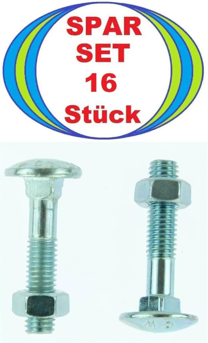 16 Stück M8 x 40 Schlossschrauben mit Mutter, 8x40 Flachrundschrauben DIN 603 Mu