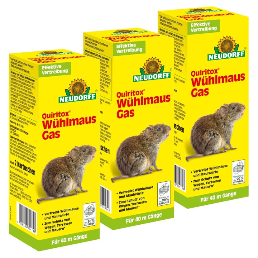 3 x Neudorff Quiritox Wühlmausgas 2 Kartuschen Maulwurf Fernhaltemittel Abwehr
