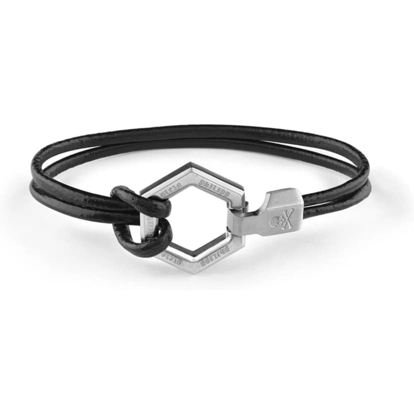 Philipp Plein Herren Armband Leder Edelstahl IP Gun HEXAGON PJ7AA26BL
