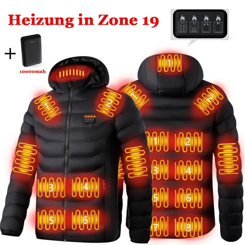 19 Zone USB Beheizte Heizjacke Winter Warm Hoodie Mantel + Batterie Herren Damen