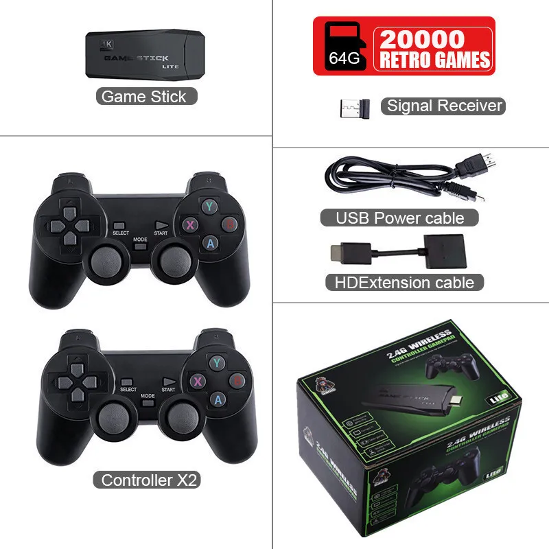 20000+Retro Videospielkonsole 4K HDMI TV Spiel Stick 64G+2X Wireless Controller