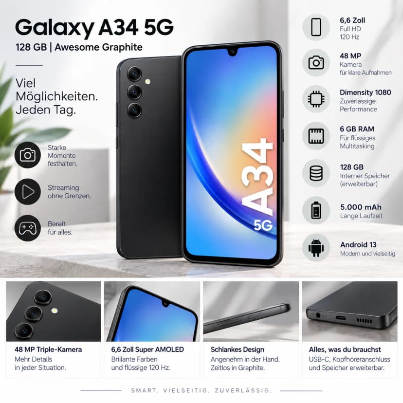 Samsung Galaxy A34 128GB Awesome Graphite 6,6 Zoll Full HD 120 Hz 48 MP 6 GB RAM