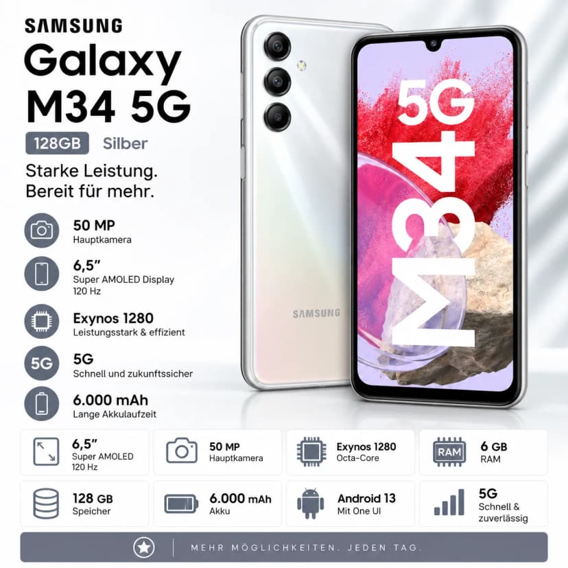 SAMSUNG Galaxy M34 DS 5G 6+128GB Silber 128 GB Dual SIM