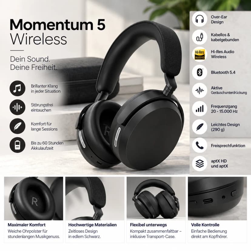 Sennheiser Momentum 5 Wireless Kopfhörer Bluetooth ANC 57h Akku Schwarz Neu