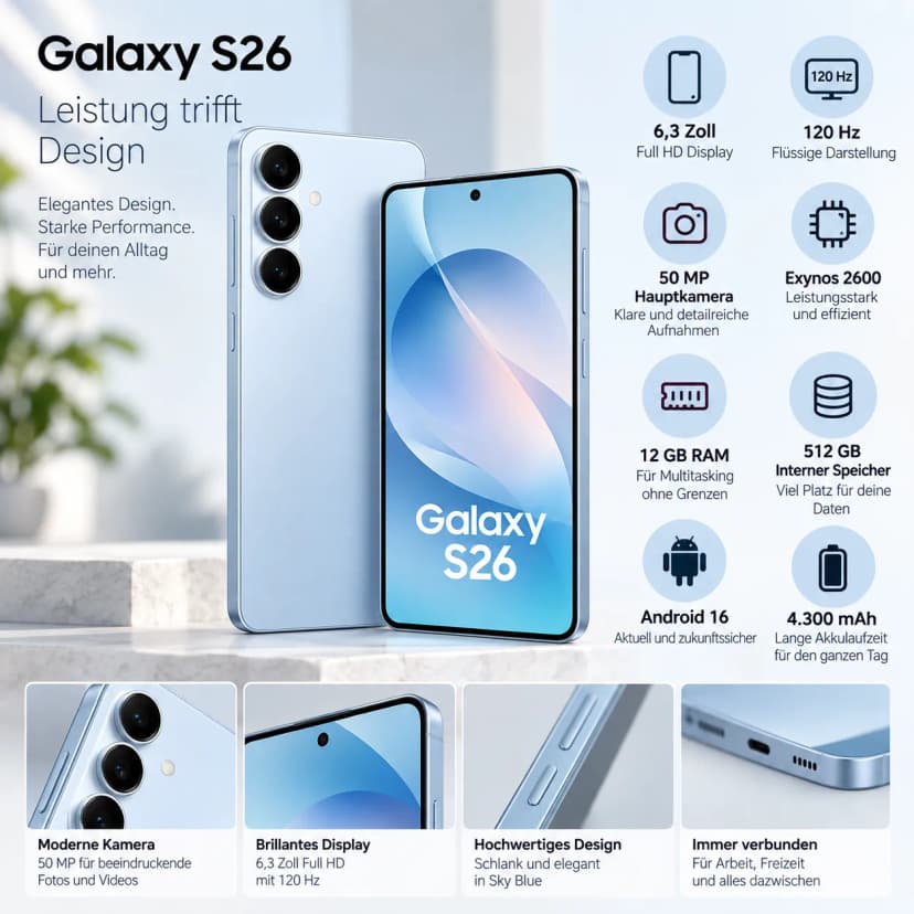 Samsung Galaxy S26 512GB 6,3 Zoll Full HD 120 Hz 50 MP 12 GB Sky Blue - Wie Neu