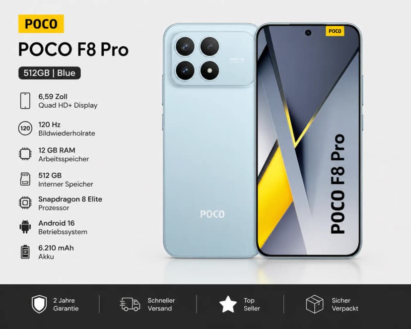 Xiaomi POCO F8 Pro 512GB Blue 6,59 Zoll Quad HD 120 Hz 12 GB RAM - NEU -