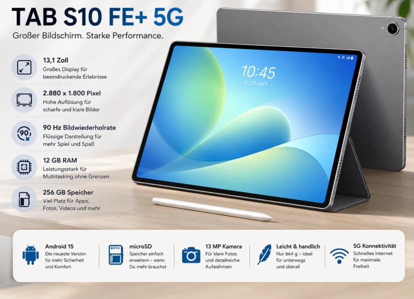 Samsung Galaxy Tab S10 FE+ 256GB 5G Grau 12GB 13 MP 90 Hz