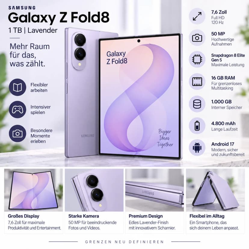 Samsung Galaxy Z Fold8 1TB Lavender 7,6 Zoll Full HD 120 Hz 50 MP 16 GB RAM