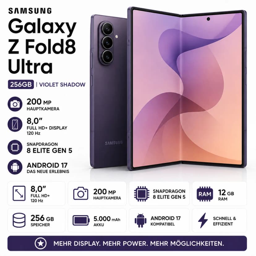 Samsung Galaxy Z Fold8 Ultra 256GB Violet Shadow 8 Zoll HD 120 Hz 200 MP 12GB