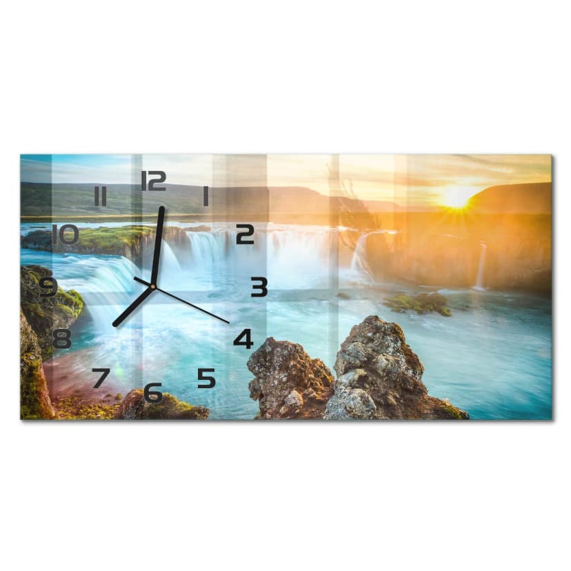 Glas-Wanduhr Wanduhr aus Gehärtetem Glas Wasserfall Schwarze Zeiger 60x30 cm