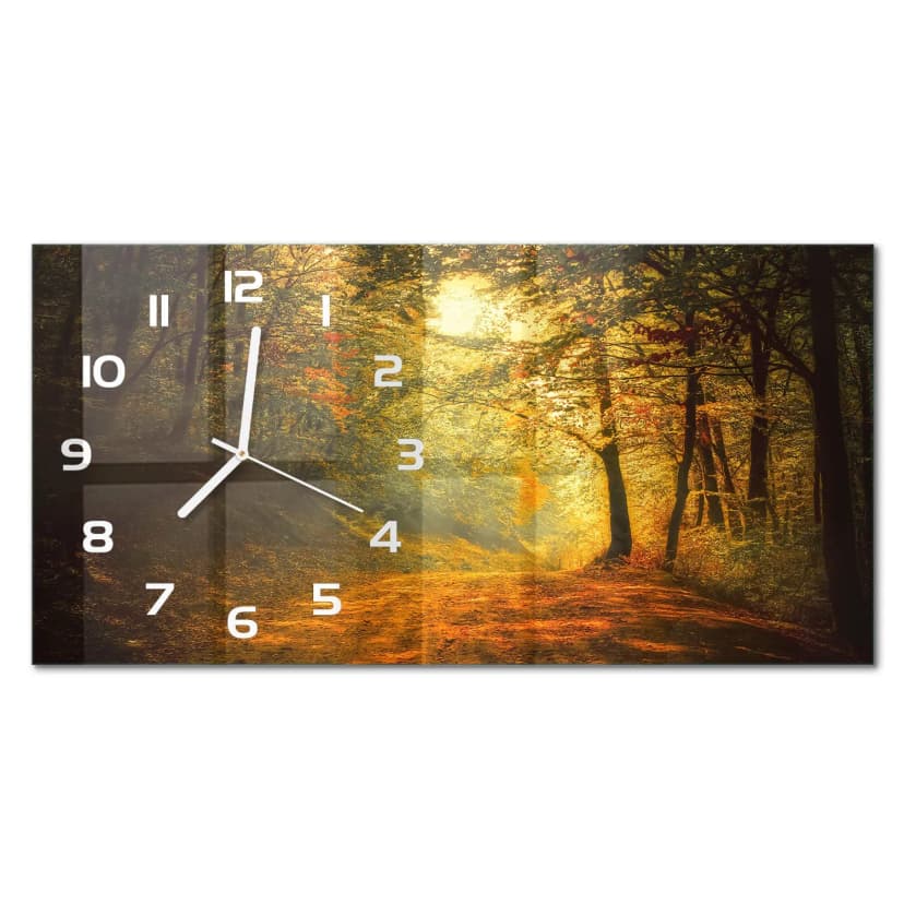 Glas-Wanduhr Wanduhr aus Glas im Querformat Herbstwald Weiße Zeiger 60x30 cm