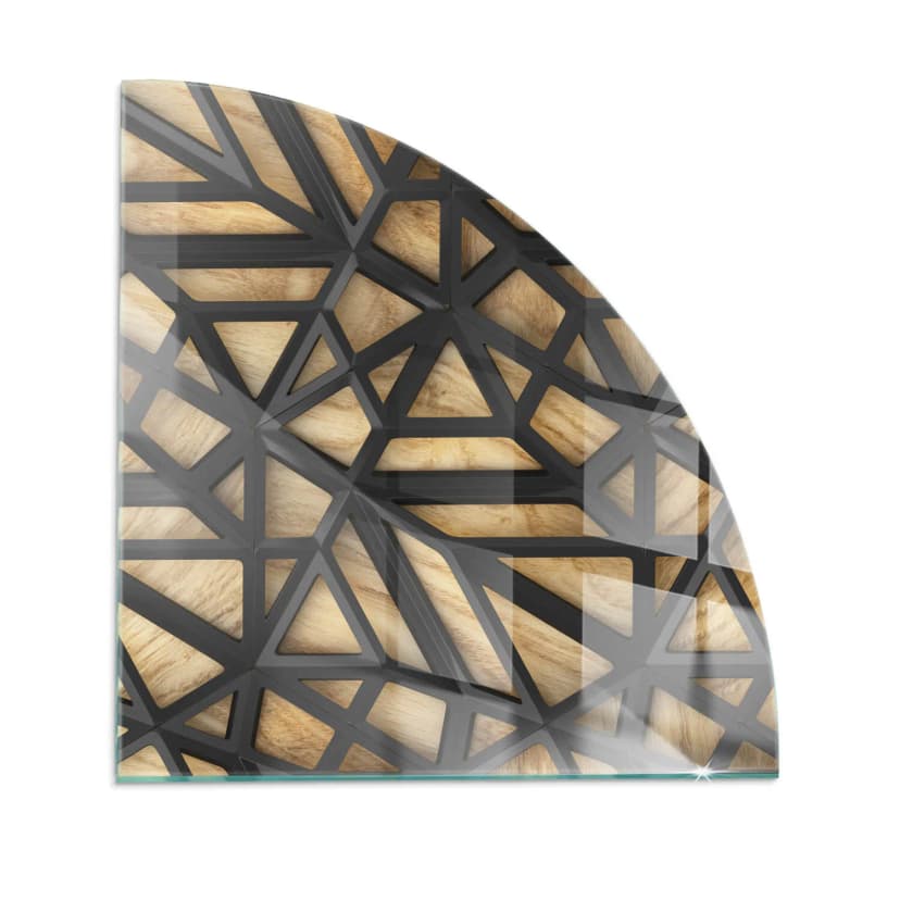 Funkenschutz Kamin Ofen Glasplatte Geometrie mit Holz Viertelkreis 100 x 100 cm