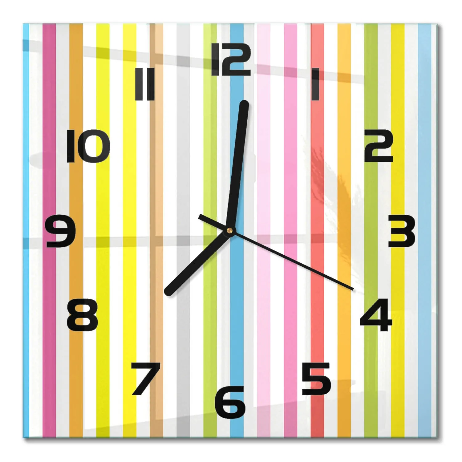 Quadratische Design-Wanduhr aus Glas Bunte Streifen Schwarze Zeiger 30x30 cm