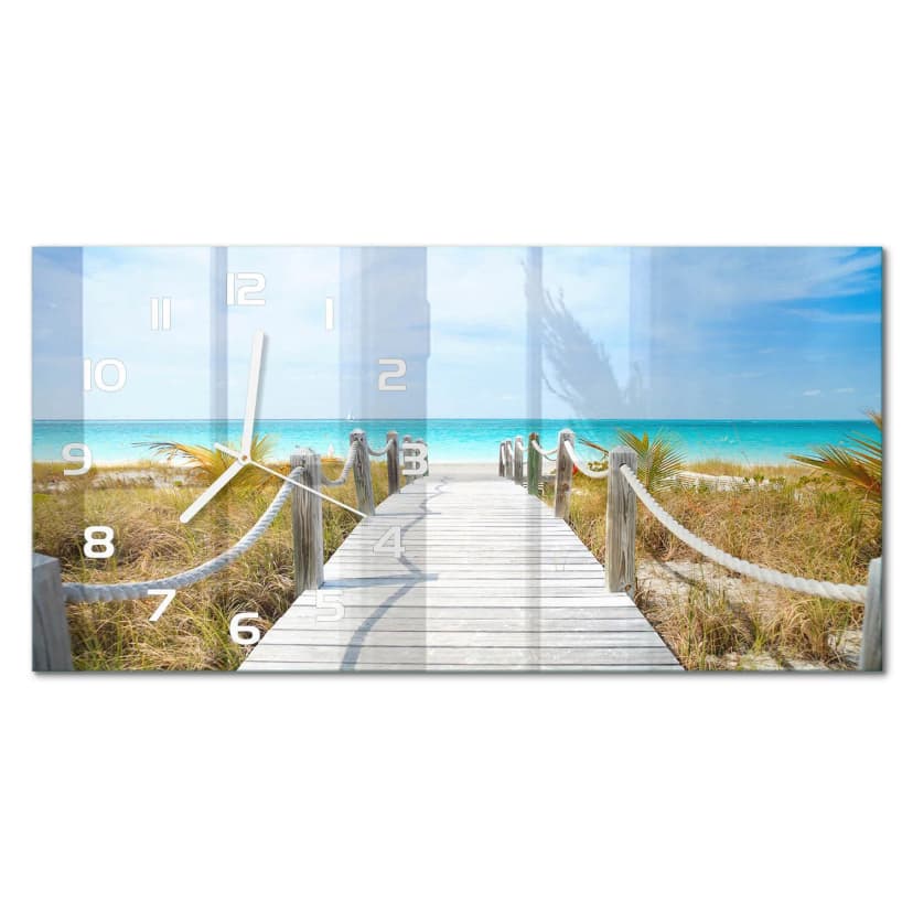 Glasuhr Glas-Wanduhr in Breiter Form Weg zum Strand Weiße Zeiger 60x30 cm