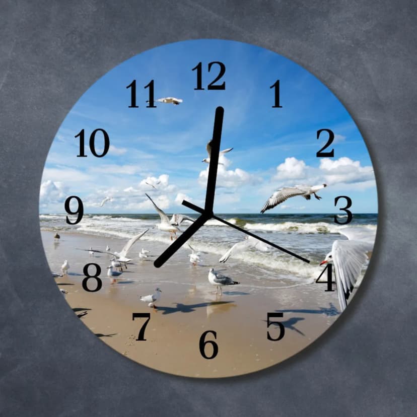 Tulup Echt-Glas Uhr Wanduhr Rund Küche 30 cm Strand Möwen blau beige