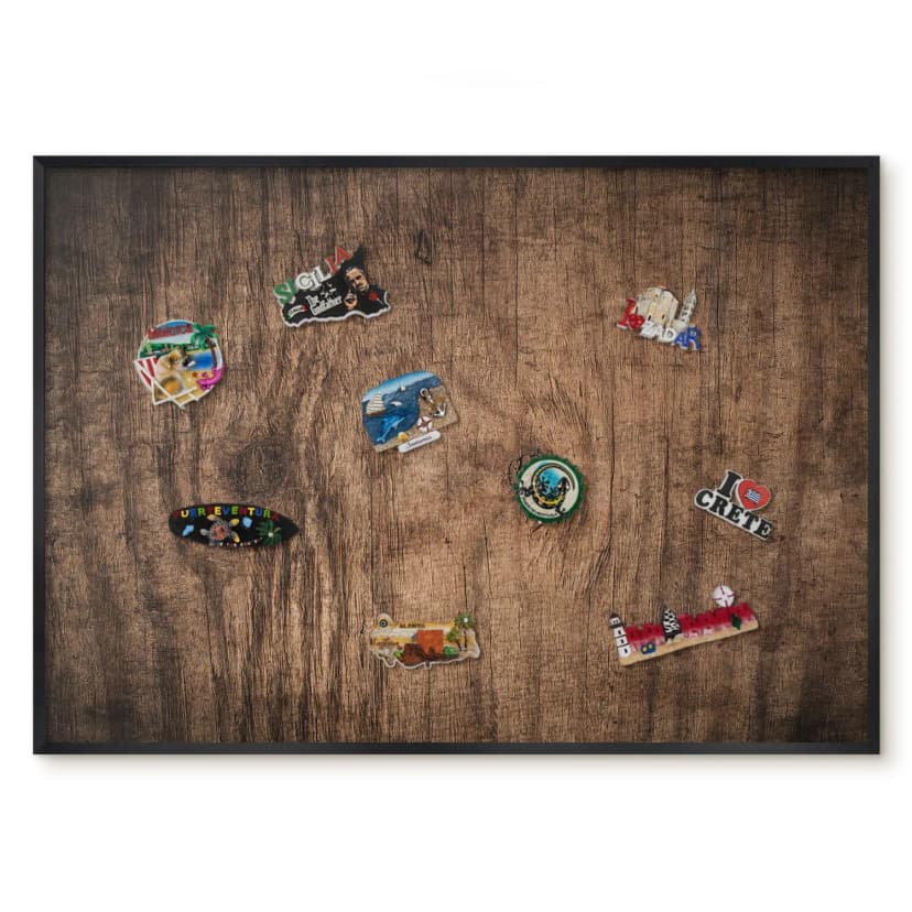 Magnettafel Magnetboard für Reisemagnete Holzstruktur Schwarzer Rahmen 100x70 cm