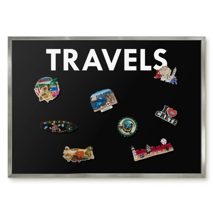 Schwarz Magnetwand Memoboard für Reisemagnete Silberner Rahmen - Travels 70x50